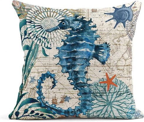 Emvency Set of 4 Throw Pillow Covers Blue Ocean Theme Nautical Coastal Octopus Hippocampus Turtle Whale Mediterranean Style Decorative Pillow Cases Home Decor Square 18x18 Inches Pillowcases