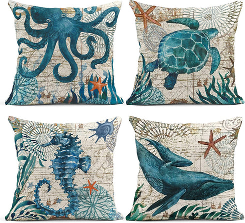 Emvency Set of 4 Throw Pillow Covers Blue Ocean Theme Nautical Coastal Octopus Hippocampus Turtle Whale Mediterranean Style Decorative Pillow Cases Home Decor Square 18x18 Inches Pillowcases