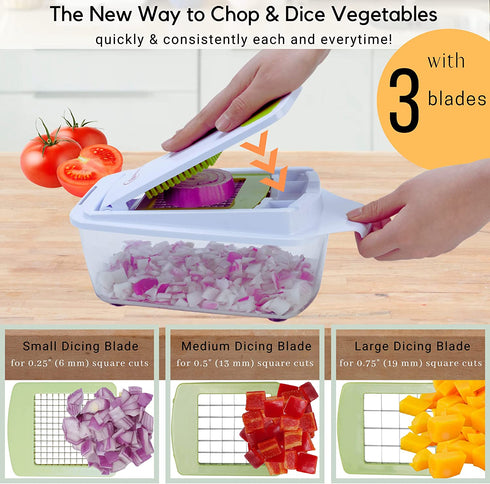 Brieftons QuickPush Food Chopper: Strongest & 200% More Container Capacity, 30% Heavier Duty, Kitchen Vegetable Fruit Dicer, Onion Tomato Potato Fries Cutter, with 3 Dicing Blades & Keep-Fresh Lid