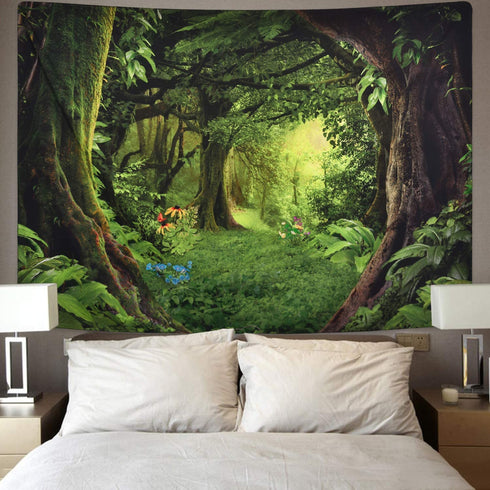 Sevenstars Green Forest Tapestry Virgin Forest and Grass Tapestry Nature Tree Tapestry Wall Hanging for Room