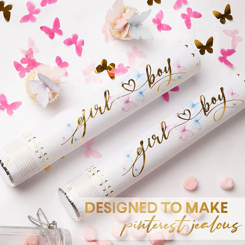 Premium Gender Reveal Confetti Cannon - Set of 2 - Butterfly Confetti Poppers in Pink or Blue - Gender Reveal Decorations and Baby Gender Reveal Party Supplies in Girl or Boy Gender Reveal Cannons