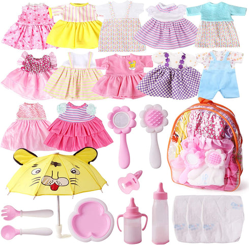Baby Doll Clothes Fits 12'' 13'' 14'' 15''Bitty Girl Alive Baby Doll Clothes Diapers 360°Sewing Dresses for with Doll Nappies, Milk Bottle, Nipple, and Doll Accessories Pack of 25 Bag Set