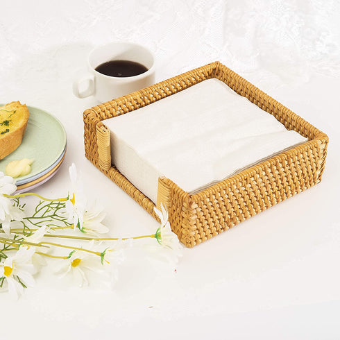 Rattan Baskets for Napkins 7.5" x 7.5" x 2.5" Dinner Napkin Holder for Table Party Square Wicker Basket for Papers Napkin Tray for Kitchen Counter Top