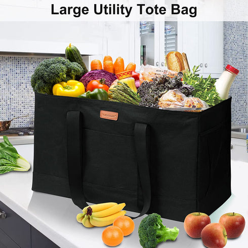 Large Utility Tote Bag, Reusable Grocery Bags Collapsible Tote, Large Tote Bag With Handles Utility Tote Shopping Bags for Groceries, Storage, Picnic, Beach, Pool (Black)