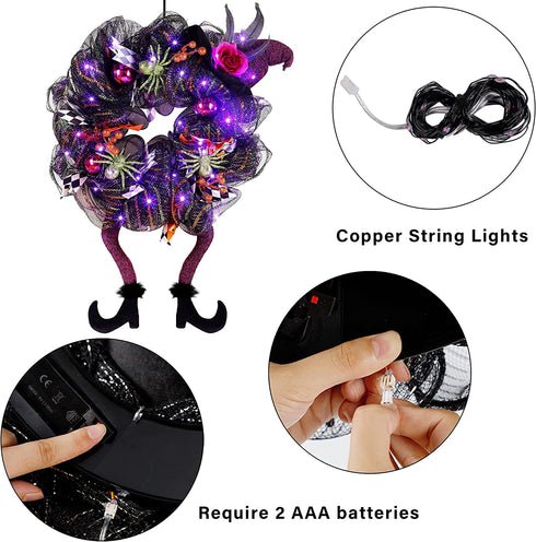 Lulu Home Halloween Wreath, 30 LED Purple Lighted Front Door Wreath with Witch Hat Leg Mesh Decor, Battery Operated Halloween Wired Ribbon Wreath Artificial Door Wreath Hanging Ornament, NOT PRELIT