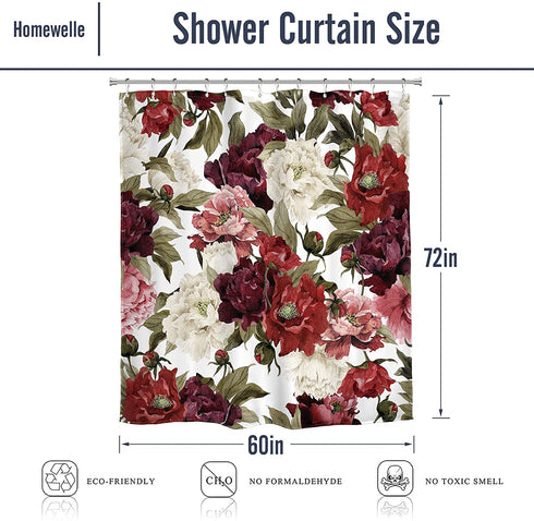 Homewelle Burgundy Floral Shower Curtain Watercolor Rustic Flower Rose Red White Girl Retro Leaves Blossom Peony Woman 60Wx72L Inch Waterproof 12 Pack Shower Hooks Polyester Fabric Bathroom Bathtub