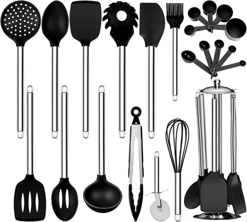 Oyydecor Silicone Kitchen Cooking Utensil Set ,23PCS Silicone Kitchen Utensil Set Non-Toxic And Non Stick Cookware with Utensils Holder, BPA-free Safety Kitchen Utensils Set (Black)