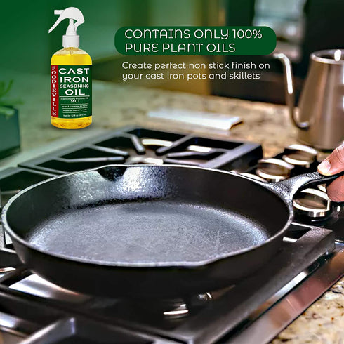 Creation Farm Foodieville Cast Iron Oil Non-stick Conditioner for Seasoning Skillets, Griddles, Flat Top Grills, and more with Oils of Flax, Sesame, and MCT, 12 fl. oz. Sprayer included