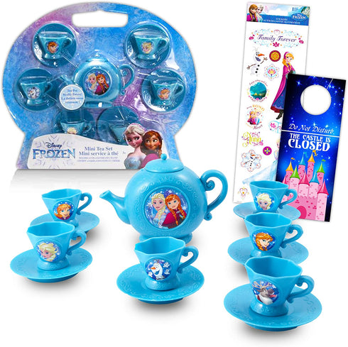 Disney Frozen Tea Party Set Bundle ~ 13 Piece Tea Set with Frozen Tea Cups, Saucers, and Tea Kettle Plus Stickers (Frozen Teapot Sets for Girls)