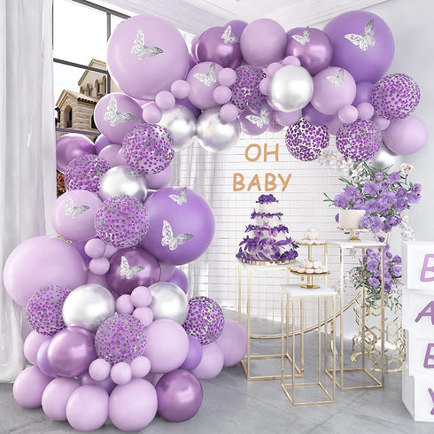 Pateeha Baby Shower Decorations for Girl 140 Pcs Purple Balloon Garland Kit Metallic Purple Silver Balloon Arch 12 Pcs Butterfly Stickers Confetti for Birthday Wedding Decorations