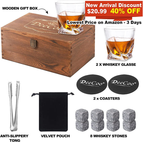 Whiskey Glasses Set of 2 - Bourbon Glasses with Wooden Box, Old Fashioned Whiskey Glass Set with Stones, 10 oz Scotch Glasses Gift Set for Men, Crystal Cocktail Glasses/Bar Glasses for Dad
