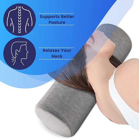 Neck Bolster Pillow Roll with Removable Washable Bamboo Oeko-TEX Cover - Ultra Comfortable with Memory Foam Core, Round Pillow for Lower Back, Knees, & Neck Support Cylinder Pillows, Grey