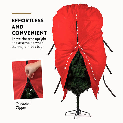 Upright Tree Storage Bag for Christmas Trees of 7ft. Tall, Tree Bag Is Made Of Tear Proof 600D Oxford; Comes With Drawstring Hem, Zipper, And Carry Handles, Waterproof Material Protects From Dust & Moisture