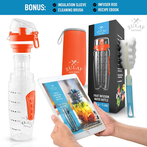 Zulay (34oz Capacity) Fruit Infuser Water Bottle With Sleeve - BPA Free Anti-Slip Grip & Flip Top Lid Infused Water Bottles for Women & Men - Water Infusion Bottle With Cleaning Brush
