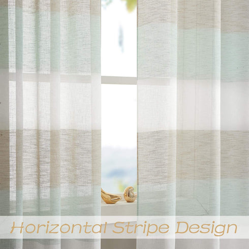 Central Park Tan and Spa Blue Stripe Sheer Color Block Window Curtain Panel Linen Window Treatment for Bedroom Living Room Farmhouse 95 inches Long Rod Pocket, 2 Panel Rustic Drapes, 40"x95"x2