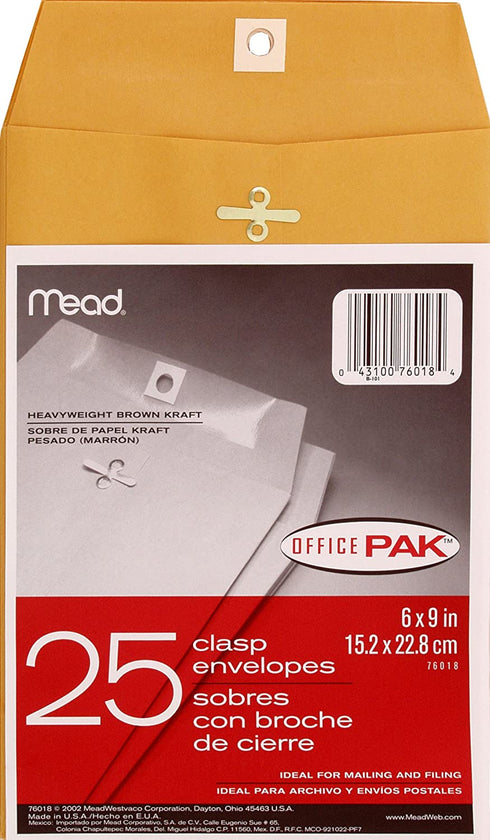 Mead Letter Size Mailing Envelopes, Clasp Closure, All-Purpose 24-lb Paper, 6" X 9", Brown Kraft Material, 25/Pack (76018)