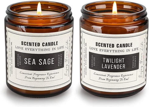 Sage Candles, Scented Candle Gifts for Women, 2 Pack 14.4 Oz Soy Candle Set, Lavender Candle & Sage Candle Set, Scented Candles for Cleansing, Candle Gift Set for Women with Amber Glass