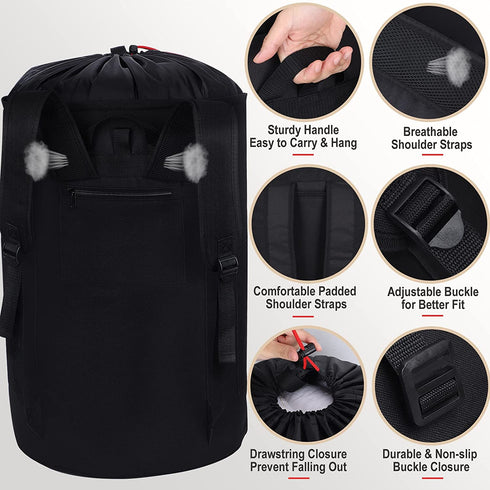 Laundry Bag Backpack for College Students, 100L Large Laundry Bag with Padded Shoulder Straps, 5 Storage Pockets, 1 Mesh Wash Bag, Portable Sturdy Laundry Bag with Handle, Hanging Dorm Backpack Black
