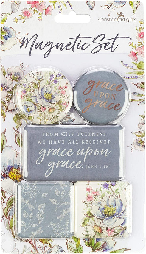 Christian Art Gifts Blue Flower Refrigerator Magnets | Grace Upon Grace - John 1:16 Bible Verse | Grace Upon Grace Collection Inspirational Fridge Magnet Mini Variety Set/5
