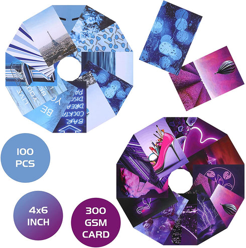 100 Pieces Blue and Purple Wall Collage Kit Aesthetic Wall Art Boho Photo Collage Kit 6 x 4 Inch Blue Aesthetic Posters Aesthetic Room Decor for Bedroom