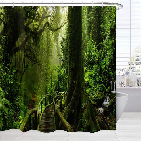 BROSHAN Green Forest Shower Curtain Polyester, Tropical Lush Plant Jungle Print Nature Bathroom Curtain for Shower , Trees Fabric Bathroom Decor Set with Hooks