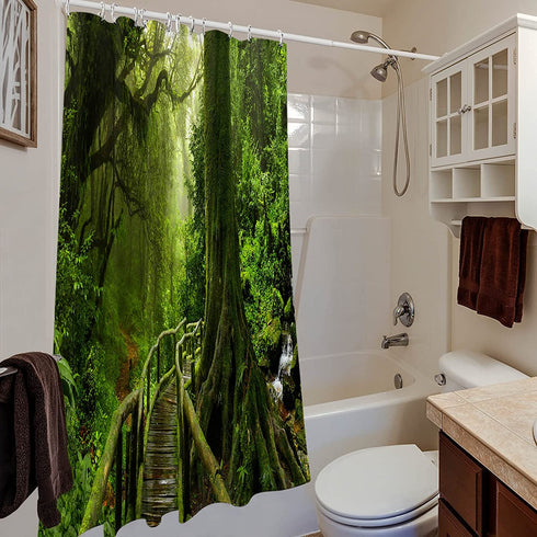 BROSHAN Green Forest Shower Curtain Polyester, Tropical Lush Plant Jungle Print Nature Bathroom Curtain for Shower , Trees Fabric Bathroom Decor Set with Hooks