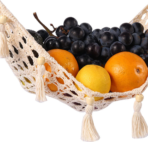 ANPOTop Fruit Hammock Under Cabinet 2 Pcs with 12 Tassels, Macrame Handwoven Cotton Banana or Veggies - Hanging Basket for Saves Counter Space at Kitchen RV, White, 2PCS, SKU100209-2PCS