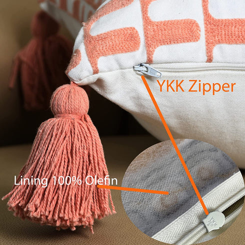 KEMA Cotton Decorative 20x20 Square Throw Pillow Cover, Peach Pink Boho Throw Pillow Covers with Tassels, Woven Tufted Fall Pillow Covers for Couch Bedroom Living Room Car (NO Insert, 2 Pcs)