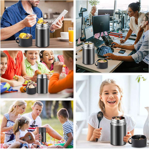 Baokai Vacuum Insulated Food Jar 20 oz, Kids Soup Thermos for Hot Food Stainless Steel Lunch Container Leak Proof Thermal Flask with Folding Spoon for School Office Picnic Travel Outdoors-Black