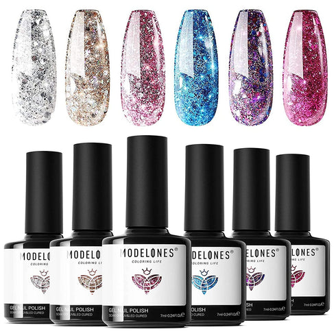 Modelones Glitter Gel Nail Polish - 6 Colors Sparkle Red Pink Purple Gel Polish Set Gel Blue Gold Silver Fingernail Polish Set Holiday Gel Collection of Manicure Starter Kit in Gifts for Women Package