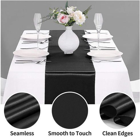 Hahuho 10-Pack Satin Table Runner Black 12 x 108 inches Long, Table Runners for Wedding, Birthday Parties, Banquets Decorations?10 Pack, 12x108 Inch, Black?