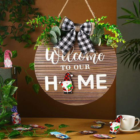 Gnome Wooden Seasonal Welcome Door Sign Interchangeable Welcome to Our Home Round Wood Hanging Front Door Sign with Burlap Bow with 12 Seasonal Ornament for Independence Day Holiday Porch (Brown)