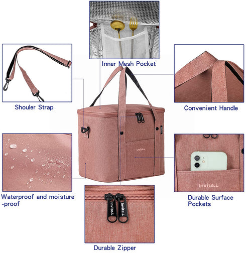 Forems Insulated Lunch Bag For Men/Women ,Reusable Large Adult/Kids Lunch Cooler Box Tote Shoulder Strap For Work Office Picnic Beach Travel Food (Pink)