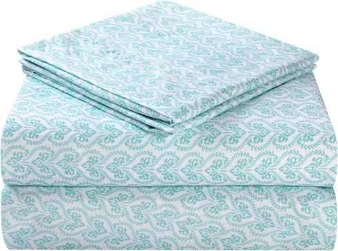 BYSURE 4 Pieces Printed Full Bed Sheet Set - 1800 Soft Durable Brushed Microfiber, 15 Inch Deep Pockets, Wrinkle & Fade Resistant (Full, Lace-Aqua Blue)