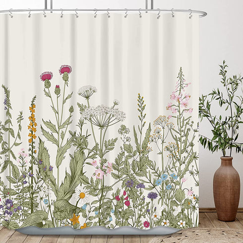 Riyidecor Fabric Wildflower Botanical Shower Curtain for Bathroom Decor 72Wx72H Inch Floral Flower Plant Herbs Green Leaves Decorative Bath Set Bathroom Accessories Polyester Waterproof 12 Pack Hooks