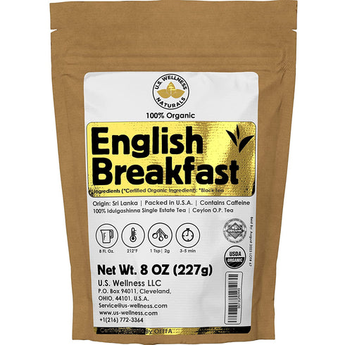 English Breakfast Tea, CRISP, RICH & AROMATIC well-rounded loose leaf tea, 110+ cups, 8oz Organic Ceylon SINGLE ESTATE tea, 100% Idulgashinna estate, OP grade tea, U.S.A. Processed & Quality Control