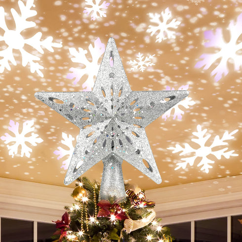 Christmas Tree Topper Lighted, Christmas Tree Toppers with Rotating Snowflakes LED Projector, Silver Star Tree Toppers Christmas Decorations