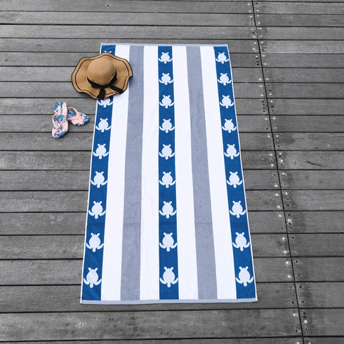 cabanana Plush Oversized Beach Towel - Cotton Fluffy 35 x 70 Inch Quarry Blue Jacquard Turtle Striped Pool Towel, Large Summer Swim Cabana Towel