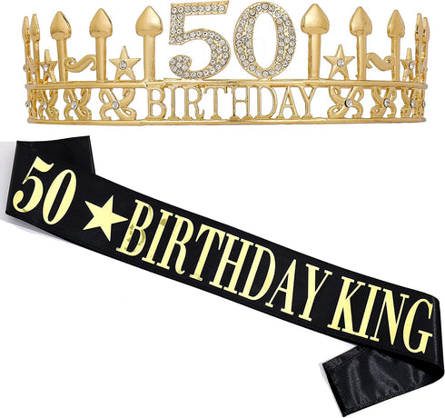 50TH Birthday Gifts for Men, 50 Birthday King sash and Birthday Crown, 50th Birthday Party Supplies and Decorations(Gold?