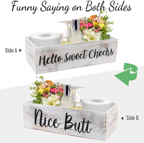 LotFancy Bathroom Decor Box 2 Pack, Hello Sweet Cheeks Nice Butt on 2 Sides, Wooden Back of Toilet Storage Basket, Toilet Paper Organizer for Home D©cor