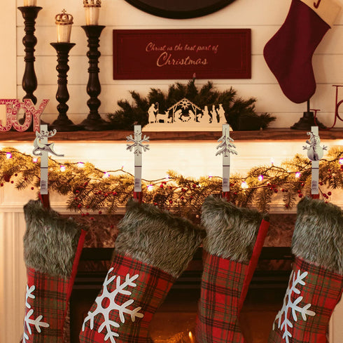 Christmas Stocking Holders for Mantle Set of 4 in 4 Styles, Weighted Stocking Hangers for Mantel Fireplace, Stocking Hooks for Xmas Decoration