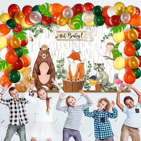 Woodland Decorations for Baby Animals Backdrop Balloon Arch Garland Kit Woodland Backdrop Forest Eucalyptus Ivy Leaves Balloons For Baby Shower Gender Neutral Birthday Party Supplies
