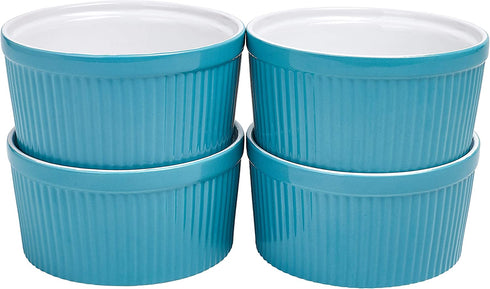 Set of 4 Bake And Serve Ceramic 12 Oz Souffle Dish Oven Safe Oven To Table Ramekins for Desserts Snacks Appetizers Casserole Creme Brulee, Teal