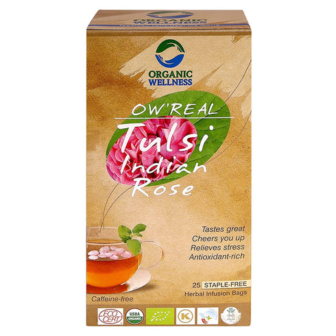 Organic Wellness Tulsi Indian Rose Herbal Hot and Iced Tea Stress Relieving & Magical, Immune Support, Adaptogen, Vegan, USDA Certified Organic, Non-GMO, 25 Infusion Bags, 1 Pack
