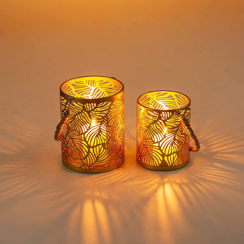 Romadedi Candle Holders Pillar Gold - Set of 2 for Tealight Pillar Candle Deocrative Hanging Lantern for Garden, Wedding Party Home Decor Table Centerpiece Indoor Outdoor