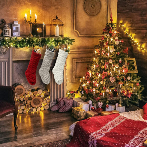 ROSFORU Knit Christmas Stockings, Xmas Gifts for Family, 3 Pack 18 Inches Large Size Ivory+ Burgundy+ Khaki