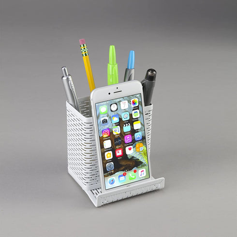 Artistic Urban Collection Punched Metal Pencil Cup with Cell Stand, White (ART20014WH)