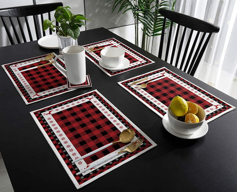 T&H XHome Merry Christmas Cotton Linen Non-Slip Placemats for Dining Table,Christmas Elk Snowflakes on Buffalo Plaid Washable Table Mats Heat Resistant Stain Resistant Kitchen Table Placemat Set of 4