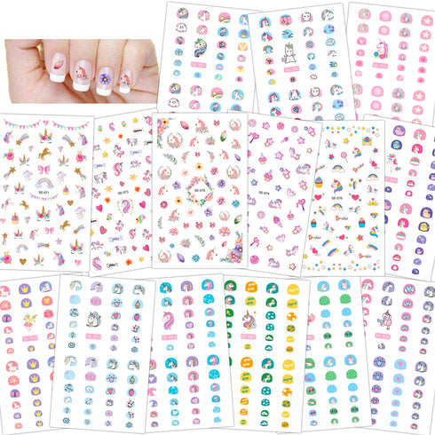Konsait 1000+pcs Unicorn Nail Stickers Nail Decals Self Adhesive 3D Nail Art Stickers Nail Tips Decorations Manicure Decoration for Kids Little Girls Fingernails Toenails Nail Tips