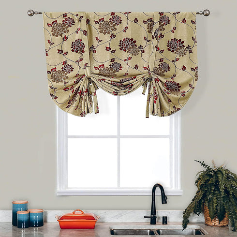 Blackout Floral Valance Tie Up Window Curtains Room Darkening Valances Thermal Insulated Embroidered Balloon Drapes and Curtains for Kitchen Bedroom Bathroom Windows,32x55 Inch,Beige,Red